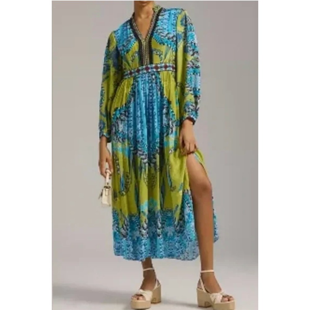 BHANUNI by Jyoti Midi Dress Green Blue‎ Floral Beaded V-Neck Womens Size 0P